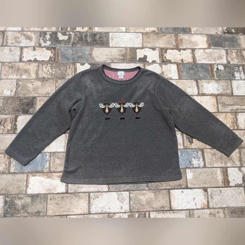 Jenny Buchanan Women’s Large Sweater Christmas Moose And Cardinal Gray